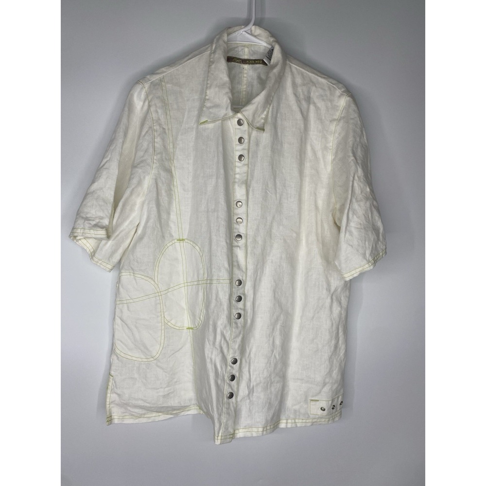 Alain Weiz Women 100% Wool White and Green Button Up Short Sleeve Size 16